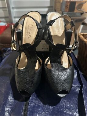 Talbots Black Leather Peep-Toe platform Slingback Heels with Buckle 8 1/2 m